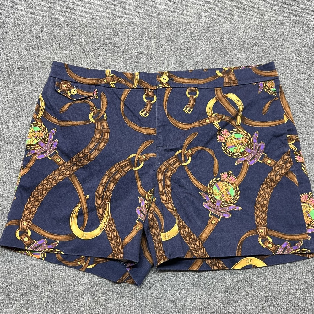 Lauren Ralph Lauren Shorts Womens 14 Blue Chino Equestrian Print Twill Casual